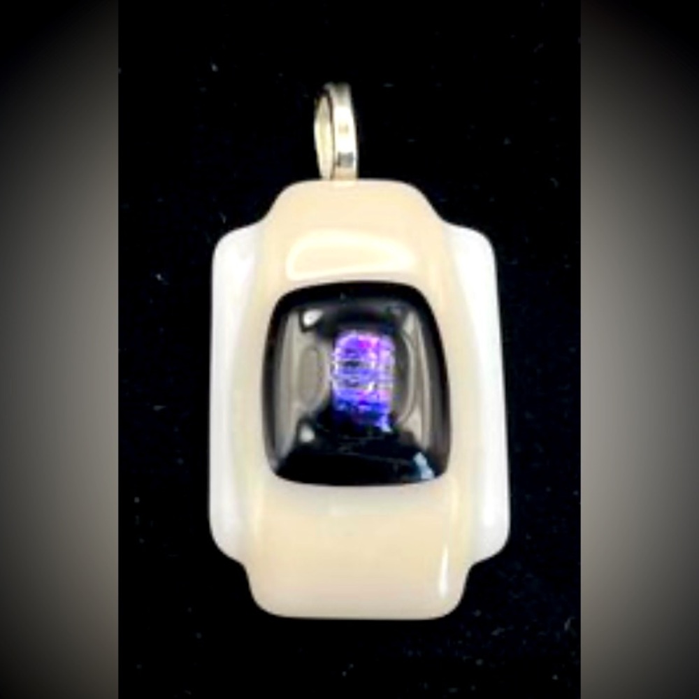 Artisan Handcrafted Fused Glass Pendant Abstract White Cobalt Blue Handmade OOAK